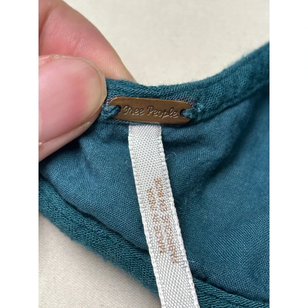 Free People Teal‎ Green Embroidered Boho Mini Dress Open Back Sleeve Womens XS